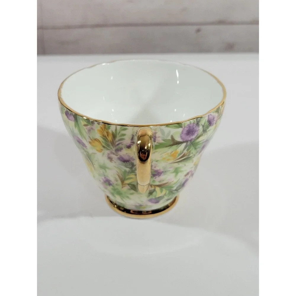 Regency Bone China Teacup & Saucer Set Thistle Chintz Scalloped Edges Gold Trim